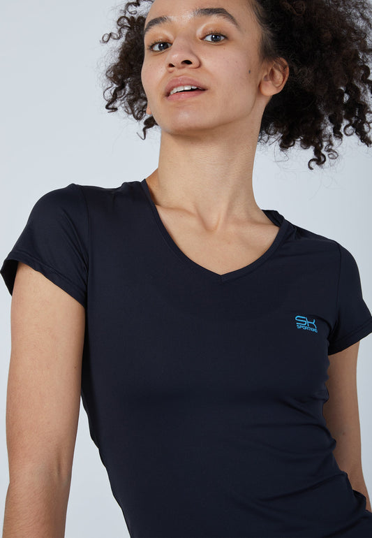 Tennis T-Shirt V-Ausschnitt Damen & Mädchen, schwarz