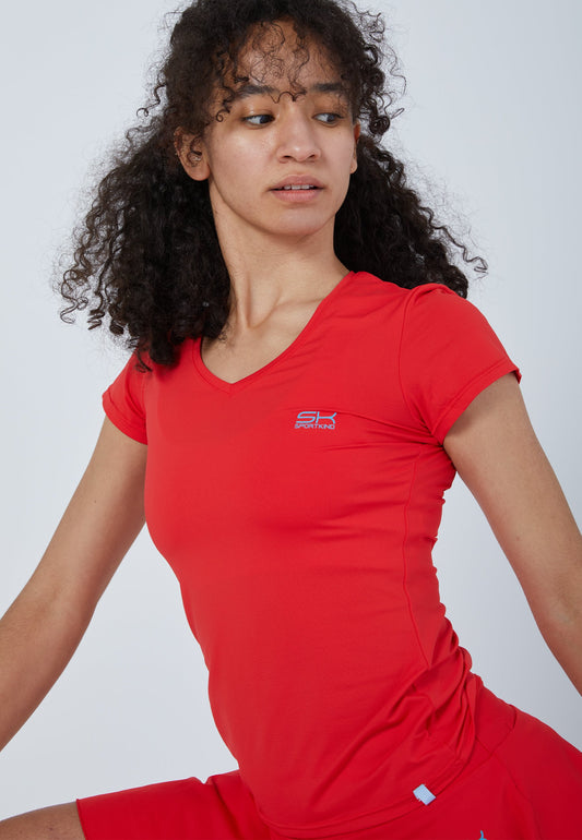 Tennis T-Shirt V-Ausschnitt Damen & Mädchen, rot