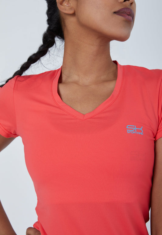 Tennis T-Shirt V-Ausschnitt Damen & Mädchen, pfirsich