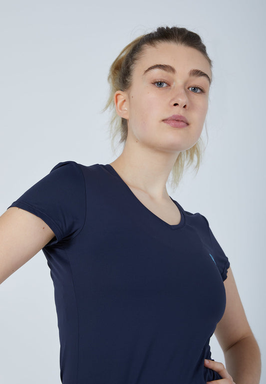Tennis T-Shirt V-Ausschnitt Damen & Mädchen, navy blau