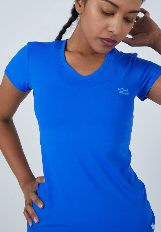 Tennis T-Shirt V-Ausschnitt Damen & Mädchen, kobaltblau