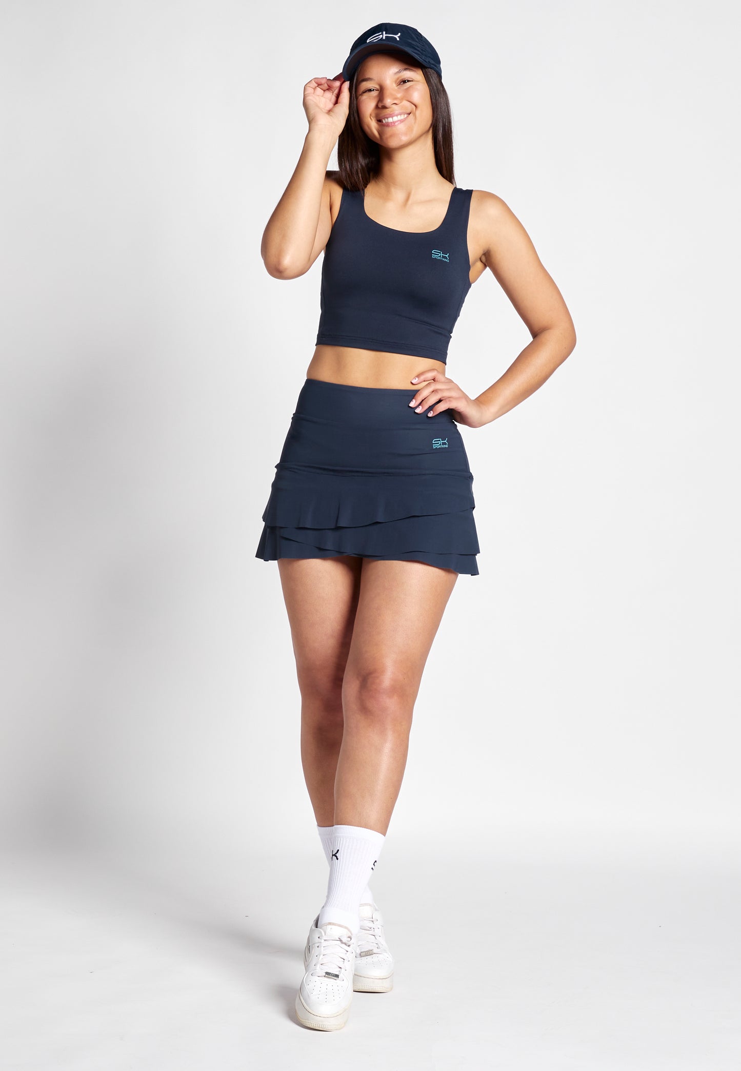 Mädchen & Damen 2-in-1 Crop Top mit Sport BH, navy blau von SPORTKIND
