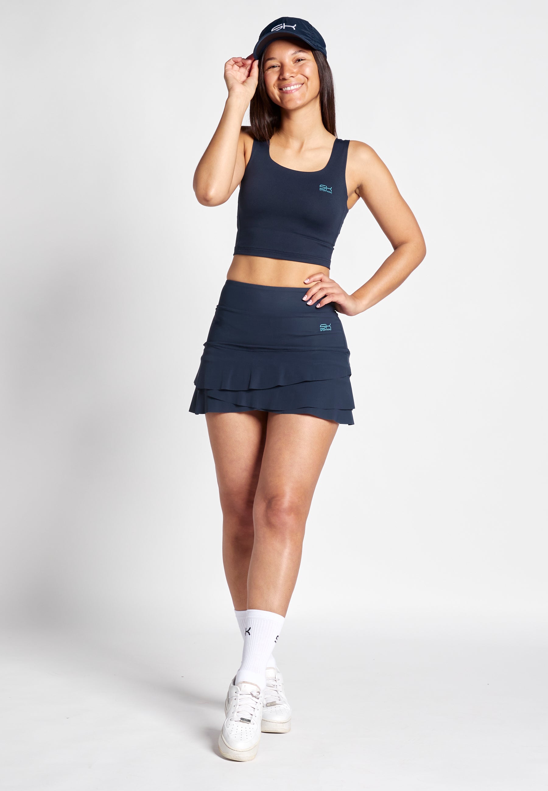 Mädchen & Damen 2-in-1 Crop Top mit Sport BH, navy blau von SPORTKIND