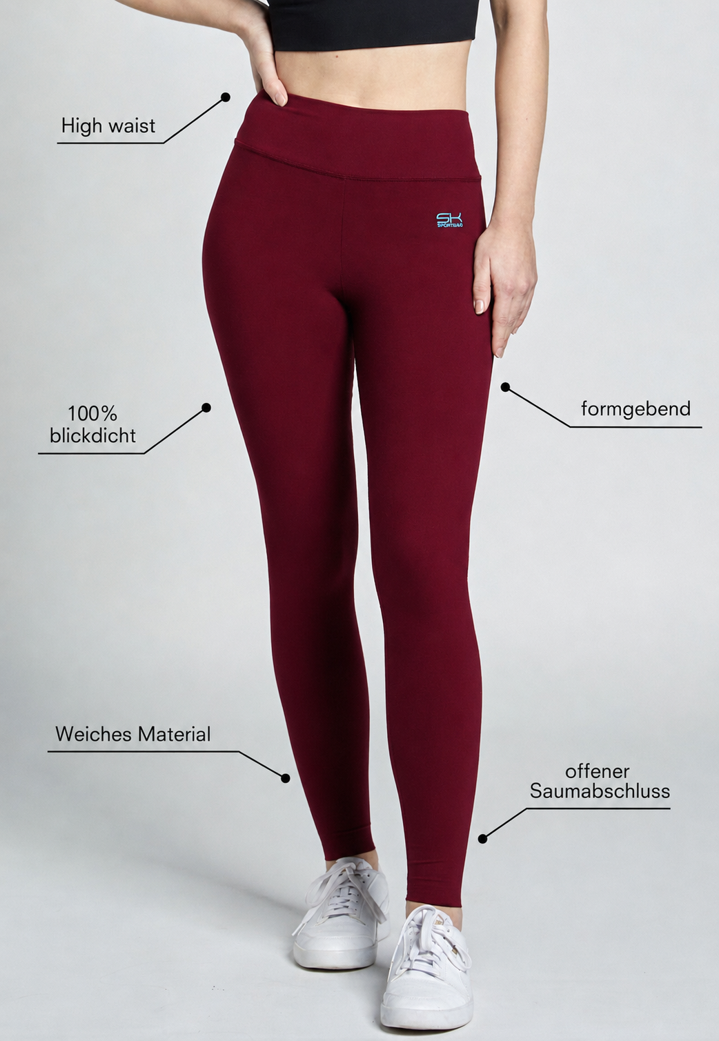 Mädchen & Damen Sport Leggings High Waist lang, burgunder rot von SPORTKIND