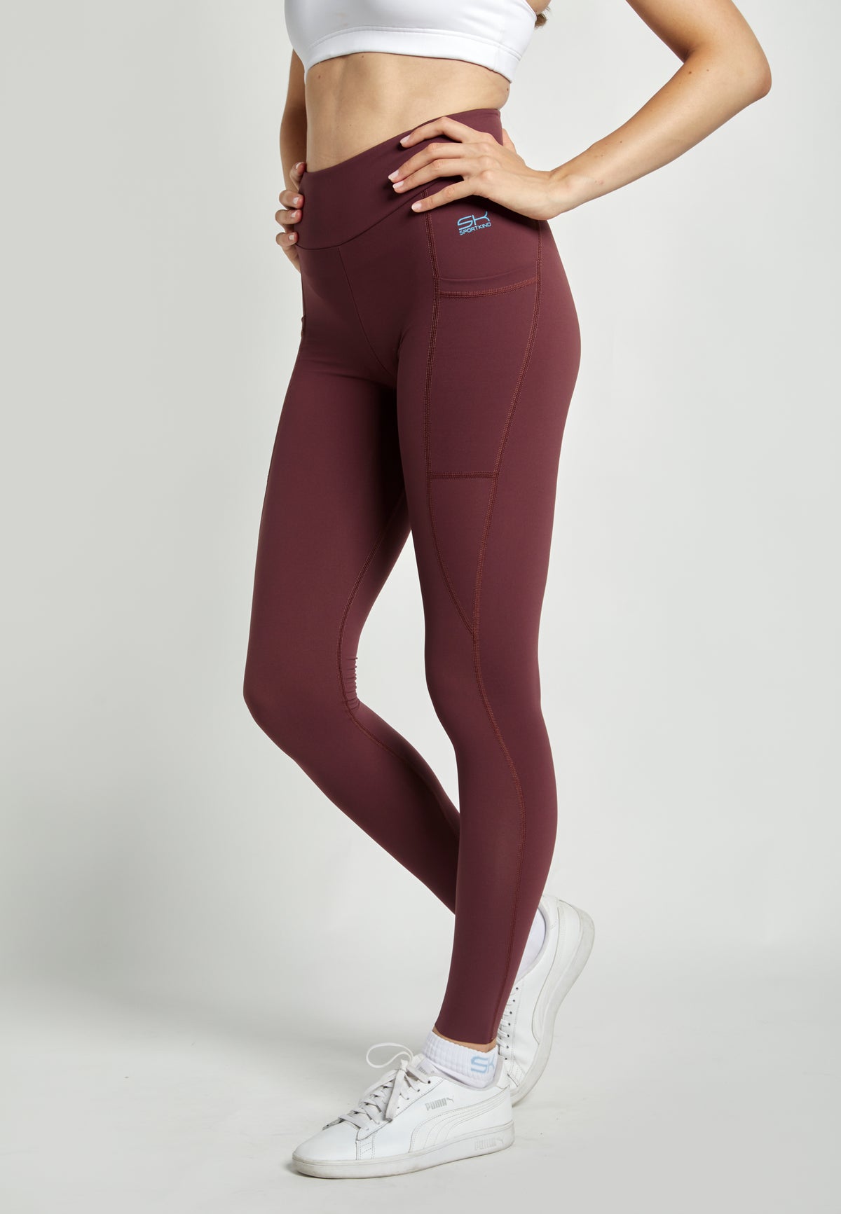 Mädchen & Damen Sport Leggings High Waist mit Taschen lang, burgunder rot von SPORTKIND