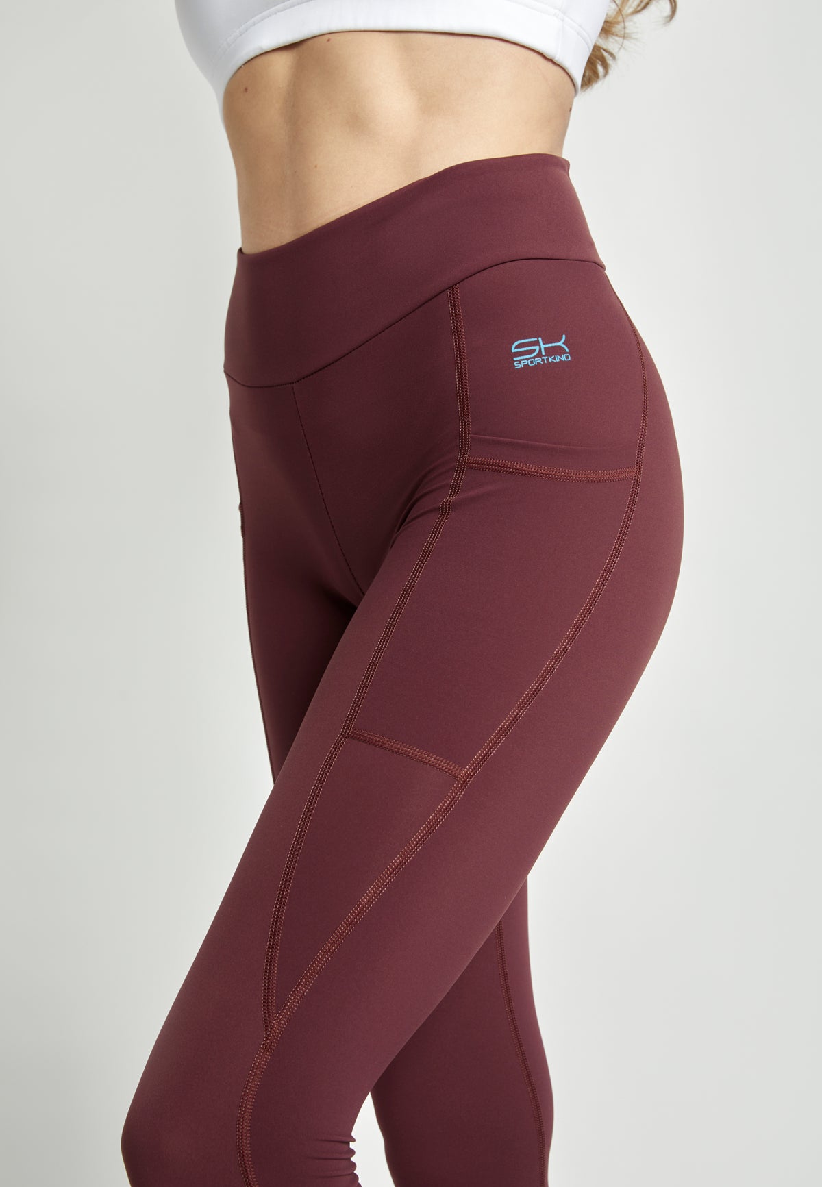 Mädchen & Damen Sport Leggings High Waist mit Taschen lang, burgunder rot von SPORTKIND