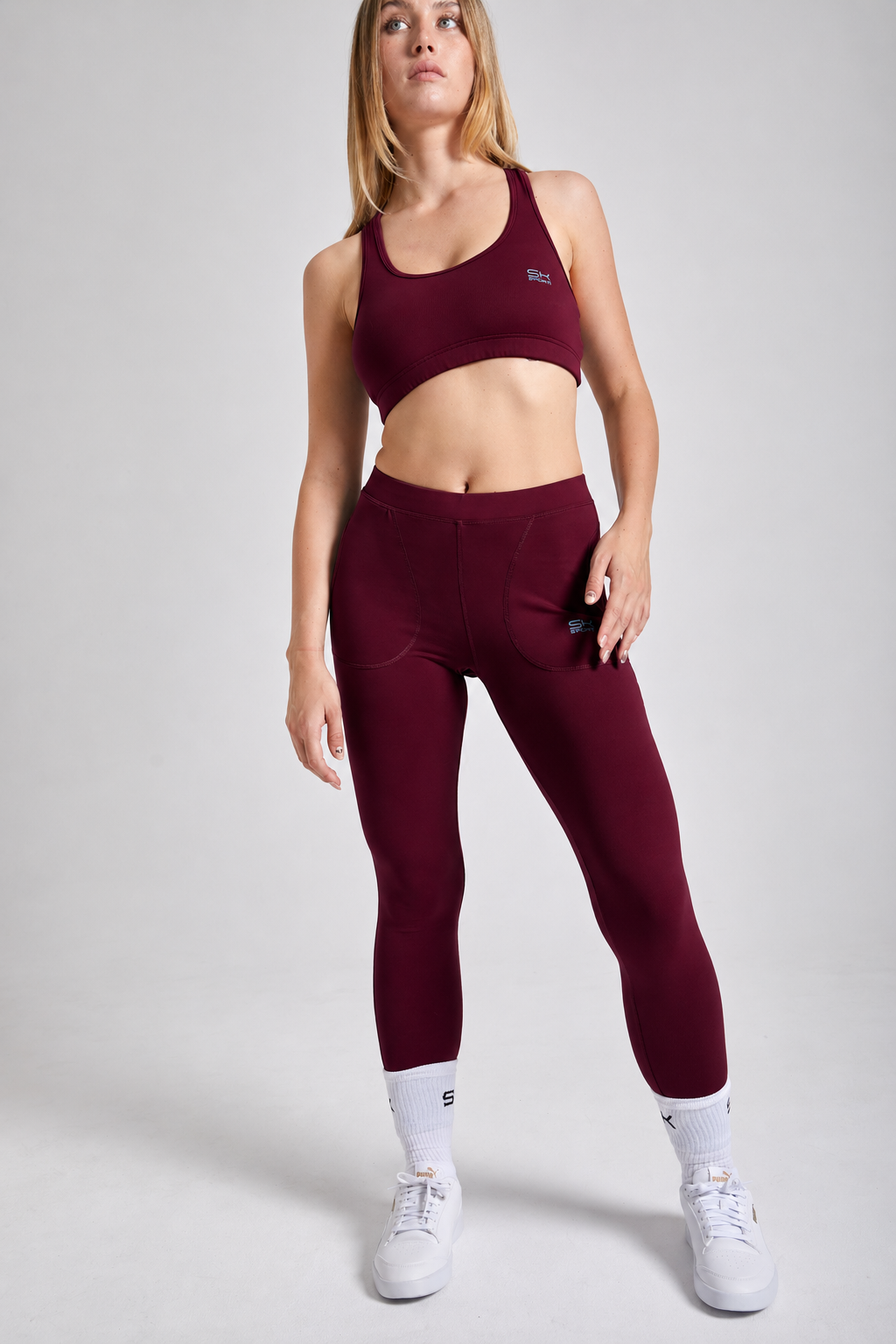 Mädchen & Damen Tennis Leggings mit Taschen lang, burgunder rot von SPORTKIND