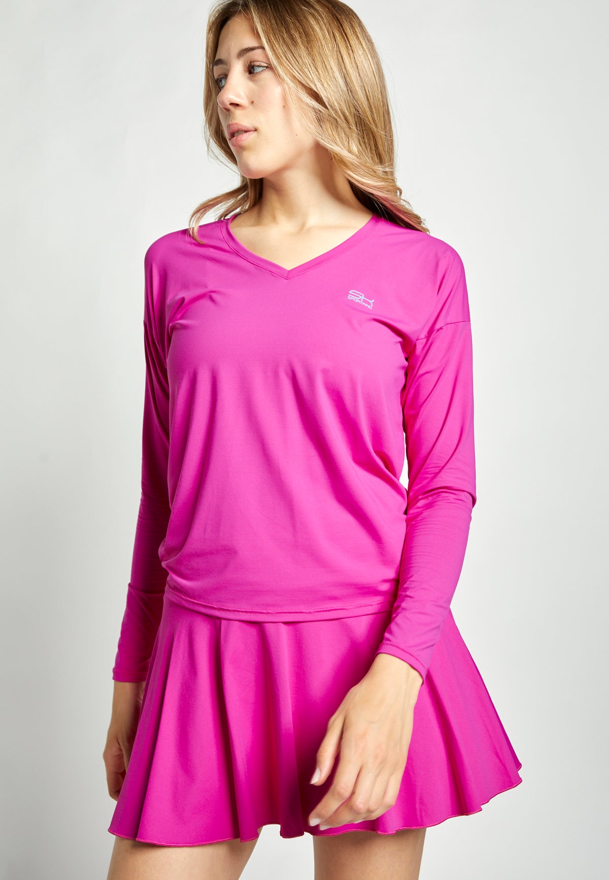 Mädchen & Damen Tennis Loose Fit Langarmshirt V-Neck, berry pink von SPORTKIND