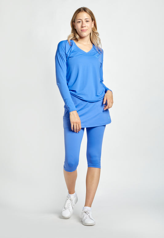 Mädchen & Damen Tennis Loose Fit Langarmshirt V-Neck, kornblumen blau von SPORTKIND