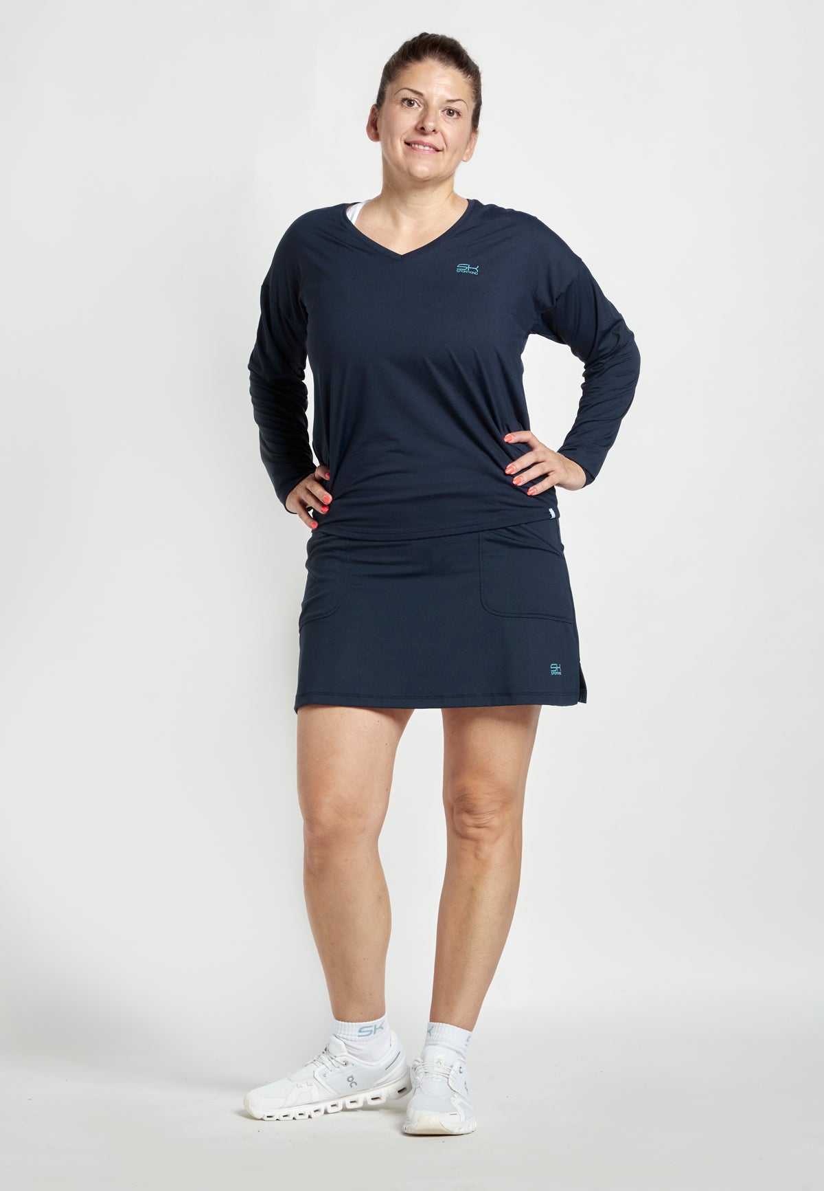 Mädchen & Damen Tennis Loose Fit Langarmshirt V-Neck, navy blau von SPORTKIND