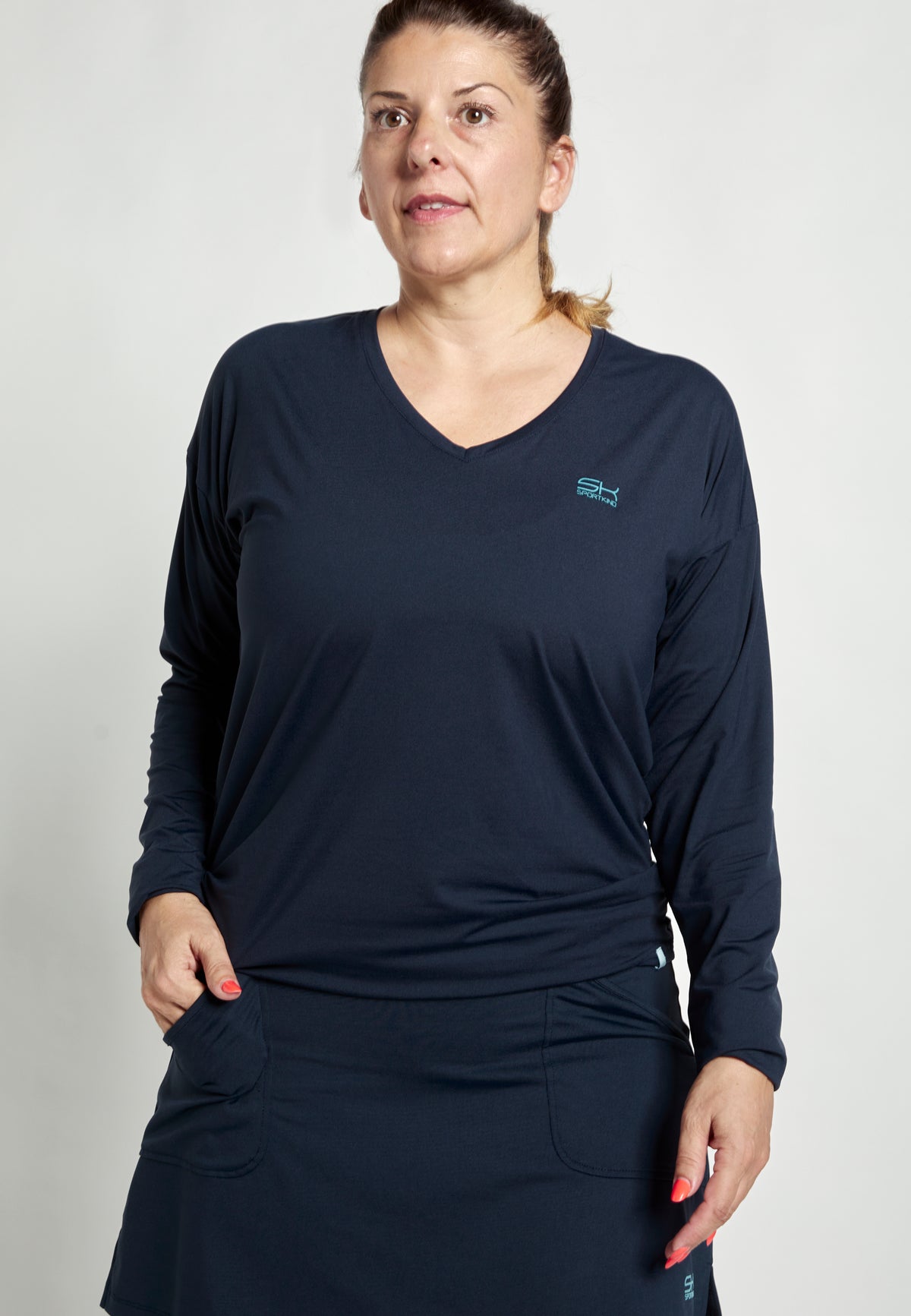 Mädchen & Damen Tennis Loose Fit Langarmshirt V-Neck, navy blau von SPORTKIND