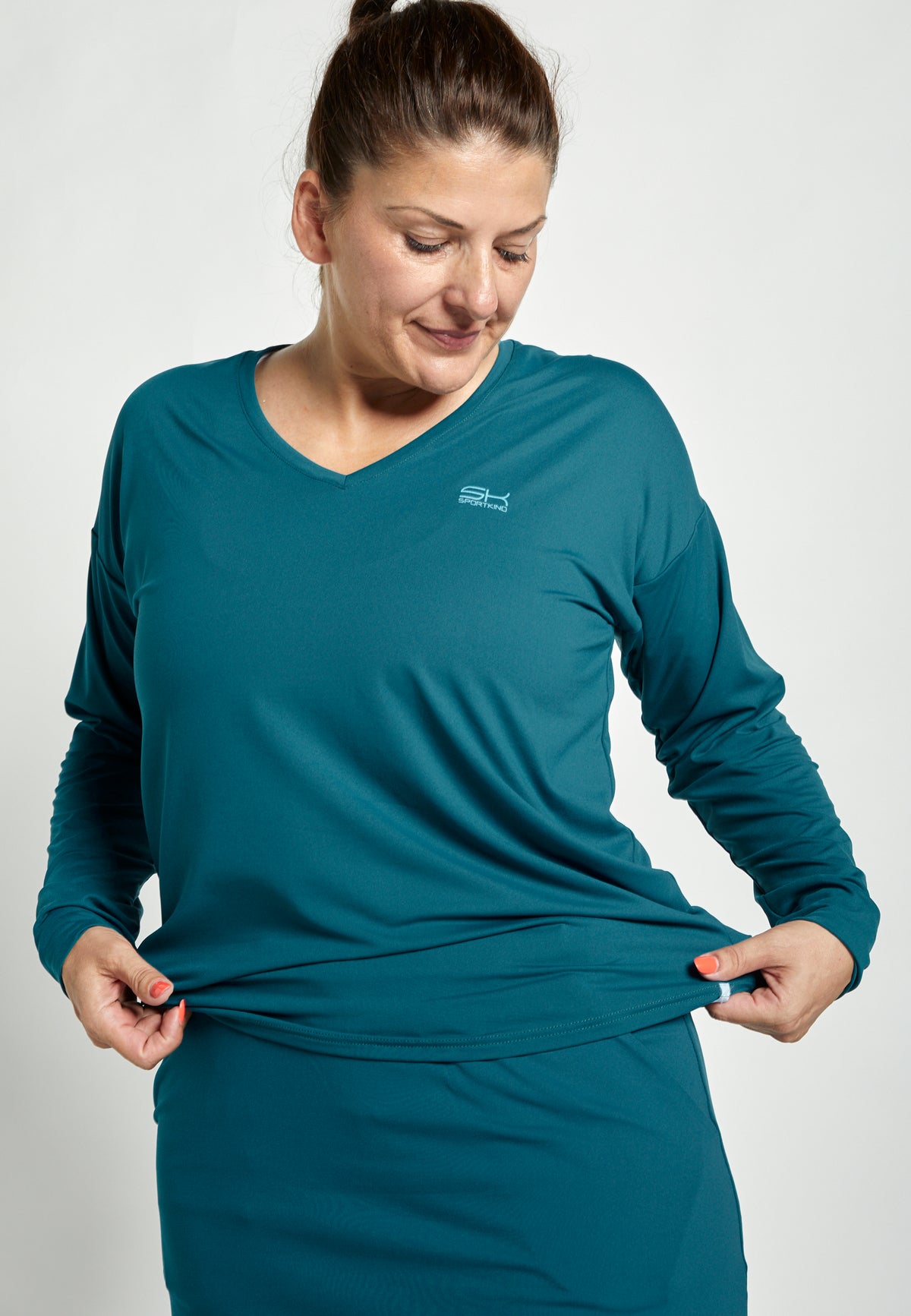 Mädchen & Damen Tennis Loose Fit Langarmshirt V-Neck, petrol gruen von SPORTKIND