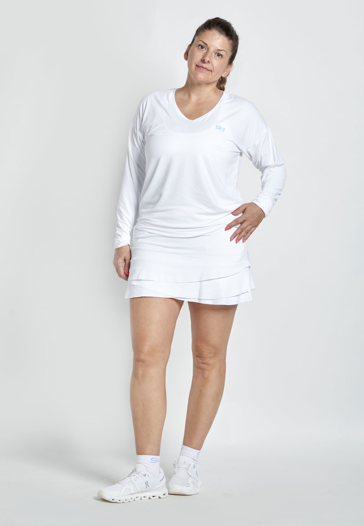 Mädchen & Damen Tennis Loose Fit Langarmshirt V-Neck, weiss von SPORTKIND