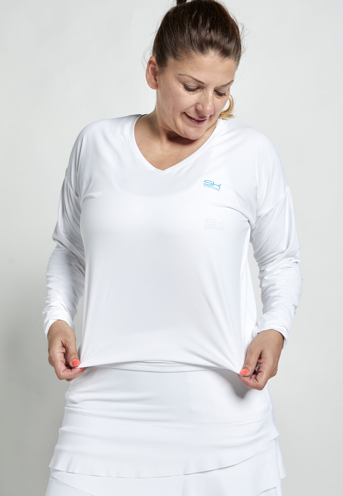 Mädchen & Damen Tennis Loose Fit Langarmshirt V-Neck, weiss von SPORTKIND